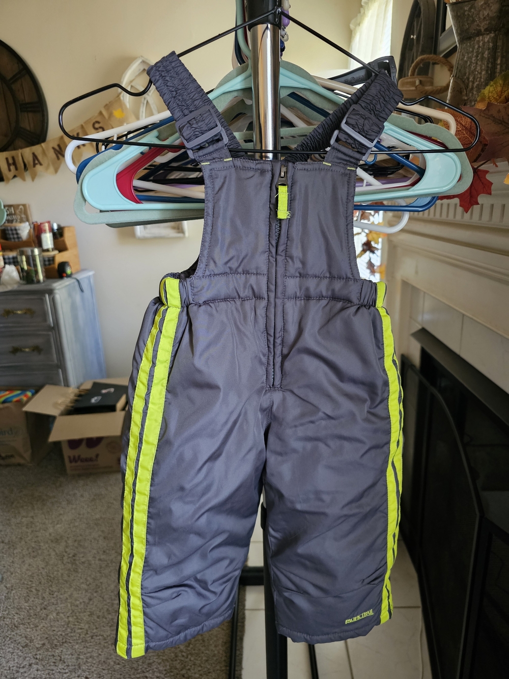 Pacific Trail Gray Puffer Bib Snow Pants with Neon Stripes Size 12M